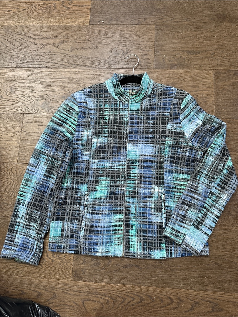 Erin London Plaid Zip-Front Jacket in Aqua, Teal & Black